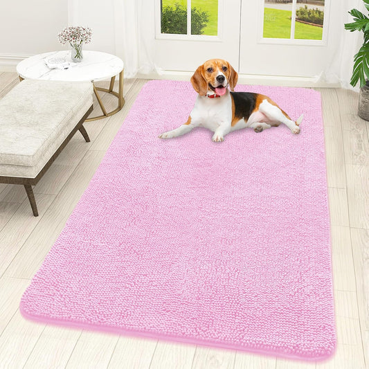 OLANLY Dog Door Mat - Absorbent Non-Slip Washable Doormat for Muddy Paws | 59x32 Pink Chenille Carpet