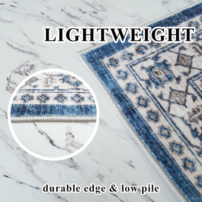 Skiennix Washable 4x8 Hallway Runner Rug - Vintage Soft Low Pile Non-Slip Carpet in Blue for Entryway & Living Room