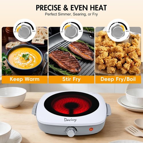 Davivy Single Burner Hot Plate - 1200W Infrared Cooker with Sturdy Handle | 7.9-Inch Ceramic Glass Cooktop, White