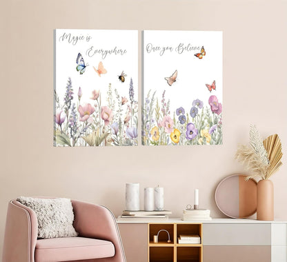 Skiennix Wildflower Nursery Canvas Wall Art - Inspirational Floral Paintings for Baby Room | 2-Piece Set