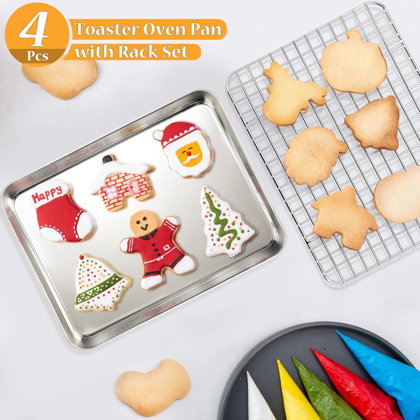 TeamFar Stainless Steel Toaster Oven Pan Set - 9 x 7 Inch Mini Baking Tray with Rack | Non-Toxic & Dishwasher Safe (2 Pans + 2 Racks)