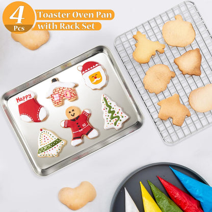 TeamFar Stainless Steel Toaster Oven Pan Set - 9 x 7 Inch Mini Baking Tray with Rack | Non-Toxic & Dishwasher Safe (2 Pans + 2 Racks)