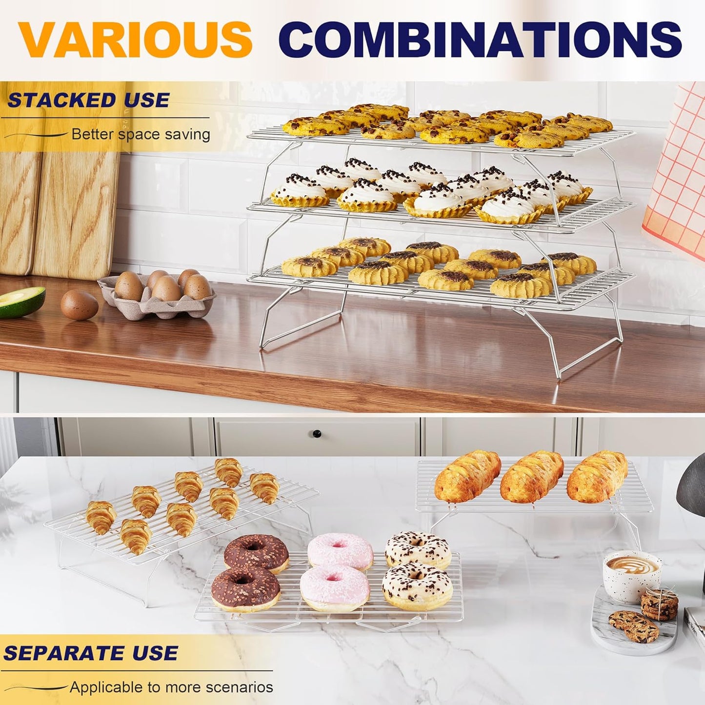 Skiennix 3-Tier Stackable Cooling Rack - Heavy Duty Baking Rack for Cookies, Pizza, Cakes | 15.8” x 10” - Dishwasher Safe