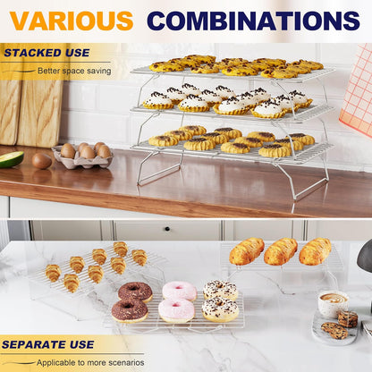 Skiennix 3-Tier Stackable Cooling Rack - Heavy Duty Baking Rack for Cookies, Pizza, Cakes | 15.8” x 10” - Dishwasher Safe