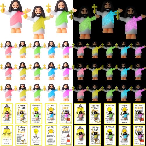 CroBlissful Mini Jesus Figurines - 30 Sets Glow in The Dark with "Let Your Light Shine" Cards | Perfect for Sunday School