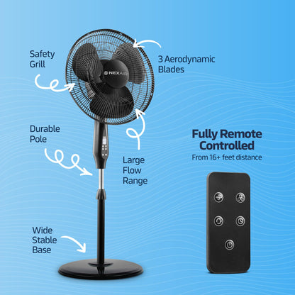 NEXAIR Oscillating 16 Inch Pedestal Stand Up Quiet Operating Room Fan With Remote Control, 3 Speed, with Adjustable Height, Standing Fan Great For Office & Living Room