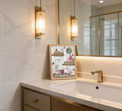 Farmhouse Bathroom Wall Art by Pink - 'Please Seat Yourself' Canvas Print | Modern Framed Decor