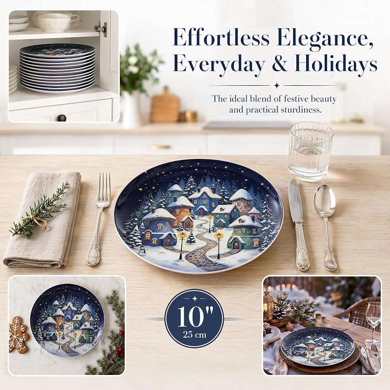 Snowhouse 10-Inch Christmas Plates Set of 12 – Melamine Dinnerware, Outdoor Friendly