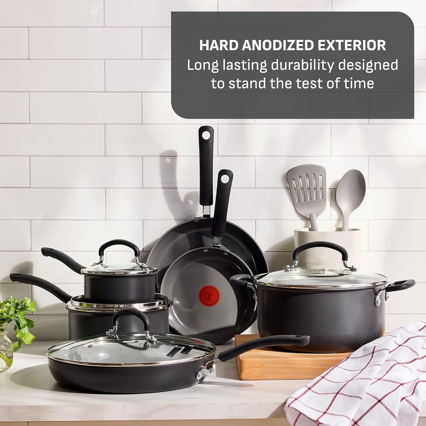 T-Fal Ultimate Hard Anodized Cookware Set - 12-Piece Ceramic Nonstick, Oven Safe Up to 400°F, Stone Finish