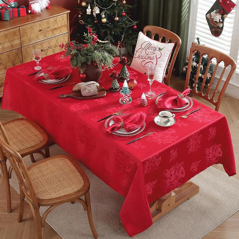 Rectangle Christmas Tablecloth 60x102 In - Jingle Bell Holly Damask, Red, Stain Resistant, Washable, Premium Polyester