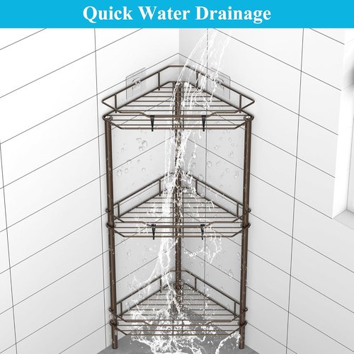 HuggieGems 3-Tier Corner Shower Caddy Organizer - Stylish Bronze Bathroom Shelf with Hooks