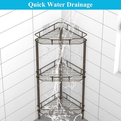 HuggieGems 3-Tier Corner Shower Caddy Organizer - Stylish Bronze Bathroom Shelf with Hooks