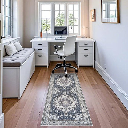 Hallway 2x6 Washable Runner Rug - Vintage Low Pile Blue Oriental Carpet with Non-Slip Backing