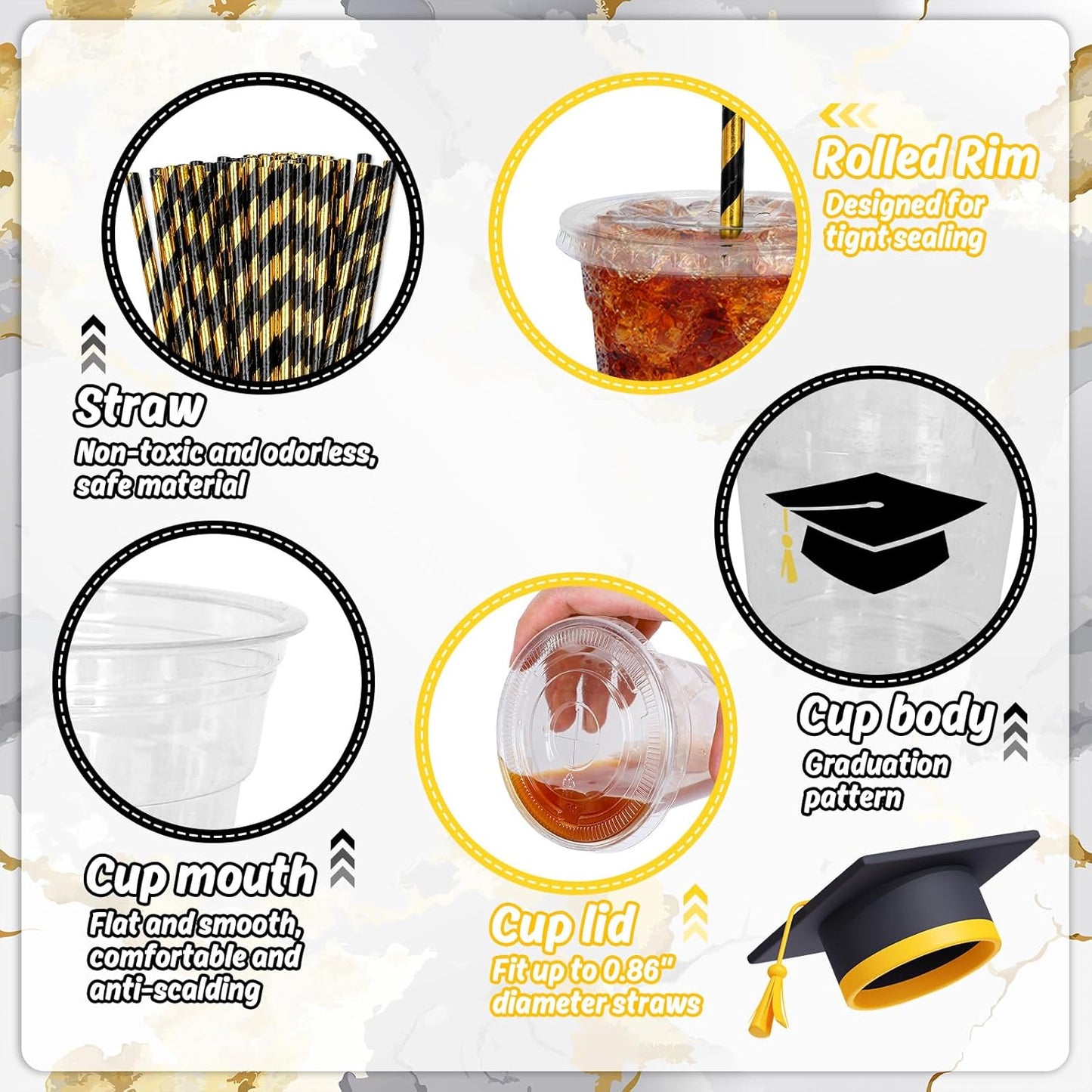 Whaline 50Pcs 12Oz Graduation Cups - Black Graduation Cap Design with Lids & Straws for Party Supplies