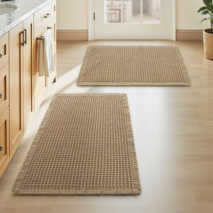 Upgraded Waffle Bath Mats Set of 2, Super Absorbent Non Slip Bath Mats for Bathroom Floor, Washable Boho Bathroom Rugs Set 2 Piece with Tassels, Soft Bathroom Mat Set, 18" x 30" (2 Pack), Brown