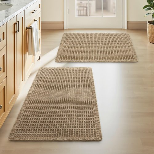 Upgraded Waffle Bath Mats Set of 2, Super Absorbent Non Slip Bath Mats for Bathroom Floor, Washable Boho Bathroom Rugs Set 2 Piece with Tassels, Soft Bathroom Mat Set, 18" x 30" (2 Pack), Brown