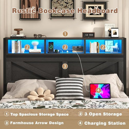 Incyneva Full Bed Frame - Farmhouse Design with Bookcase Storage, Charging Station & LED Light - Black