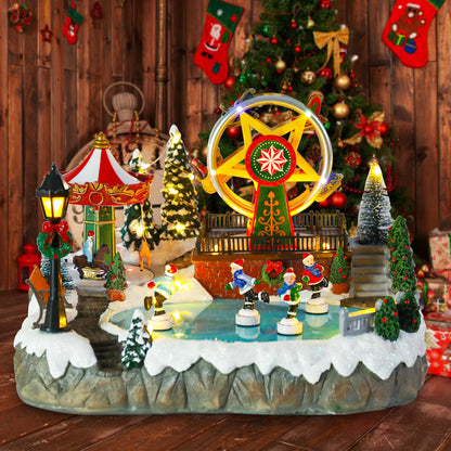 Christmas Village House Musical Christmas Collectible Buildings Amusement Park Carousel Skating Ferris Wheel with LED Lights Christmas Vacation Village with USB Indoor Figurines Decoration