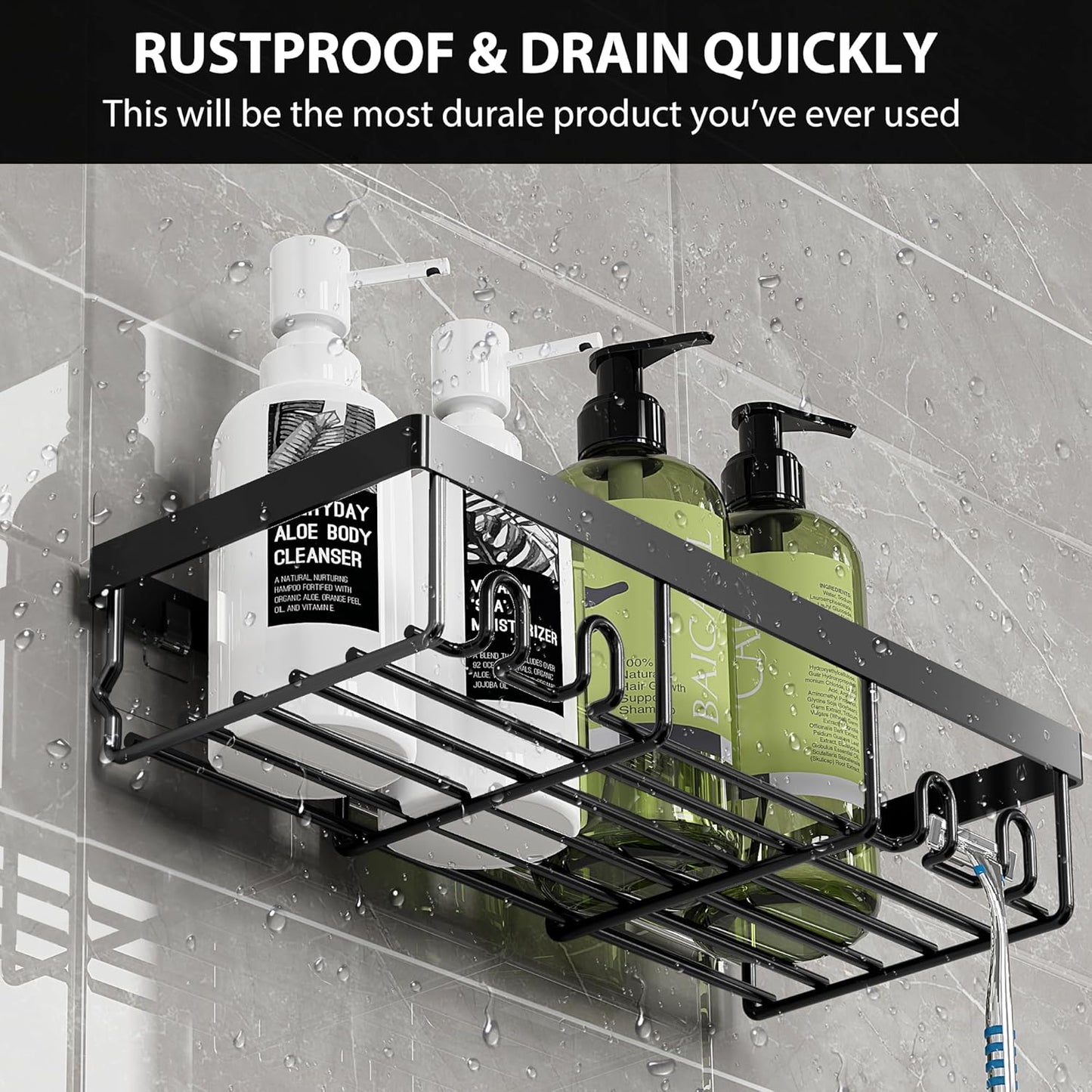 Moforoco Shower Caddy Organizer - Self-Adhesive Black Bathroom Shelf for Home & RV Storage