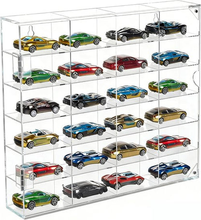 JUESHA Acrylic Display Case - Hot Wheels Storage for 1/64 Scale Cars | 6 Levels, 24 Slots, Clear Organizer