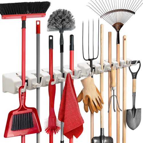 Garage Storage Organizer | Mop and Broom Holder Wall Mount 2 Pack - 5 Slots, 6 Hooks, 7.5lbs Capacity - Off-White
