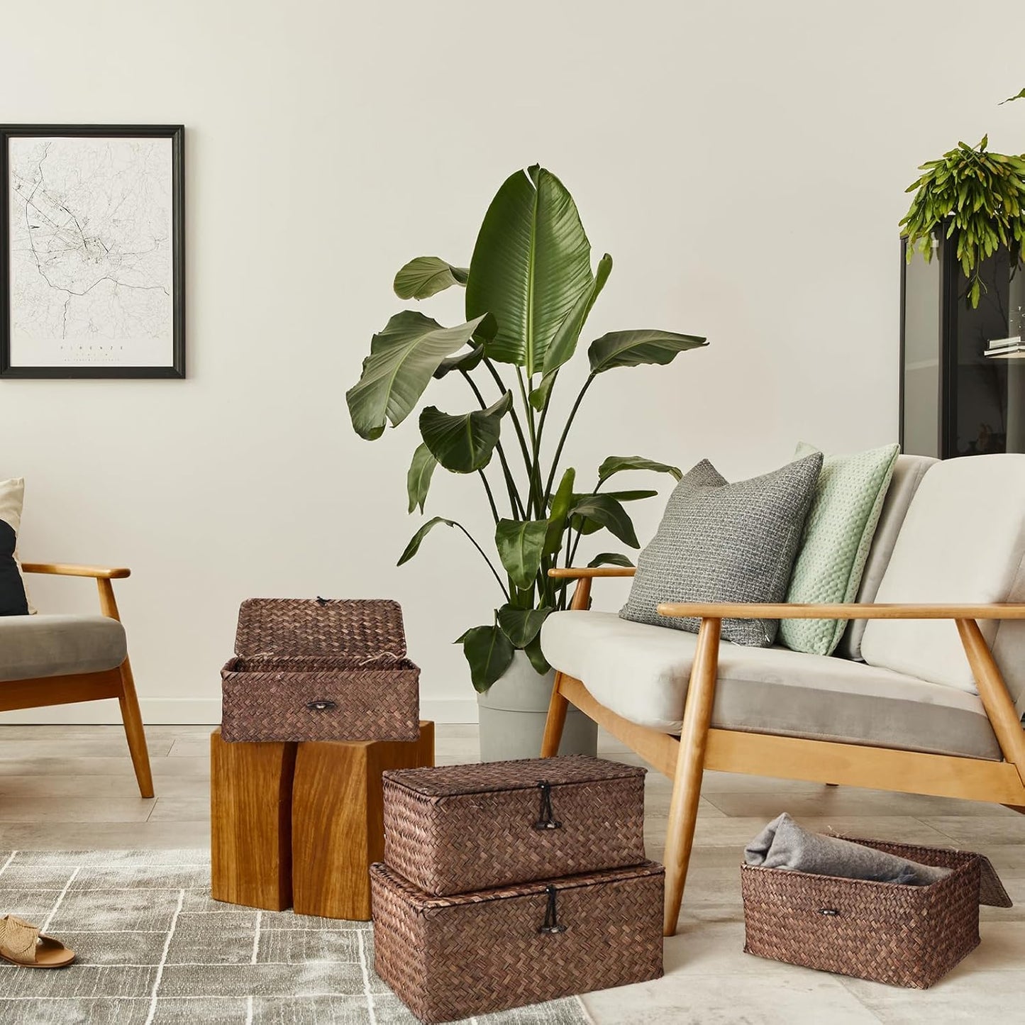 Woanger Wicker Storage Baskets Set of 4 - Handwoven Organizers with Lids for Home Office | Coffee Color