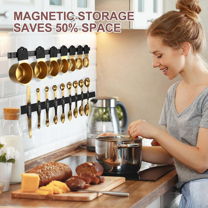 Skiennix 16-Piece Stainless Steel Measuring Cups & Spoons Set - Magnetic Nesting Design, Gold Finish