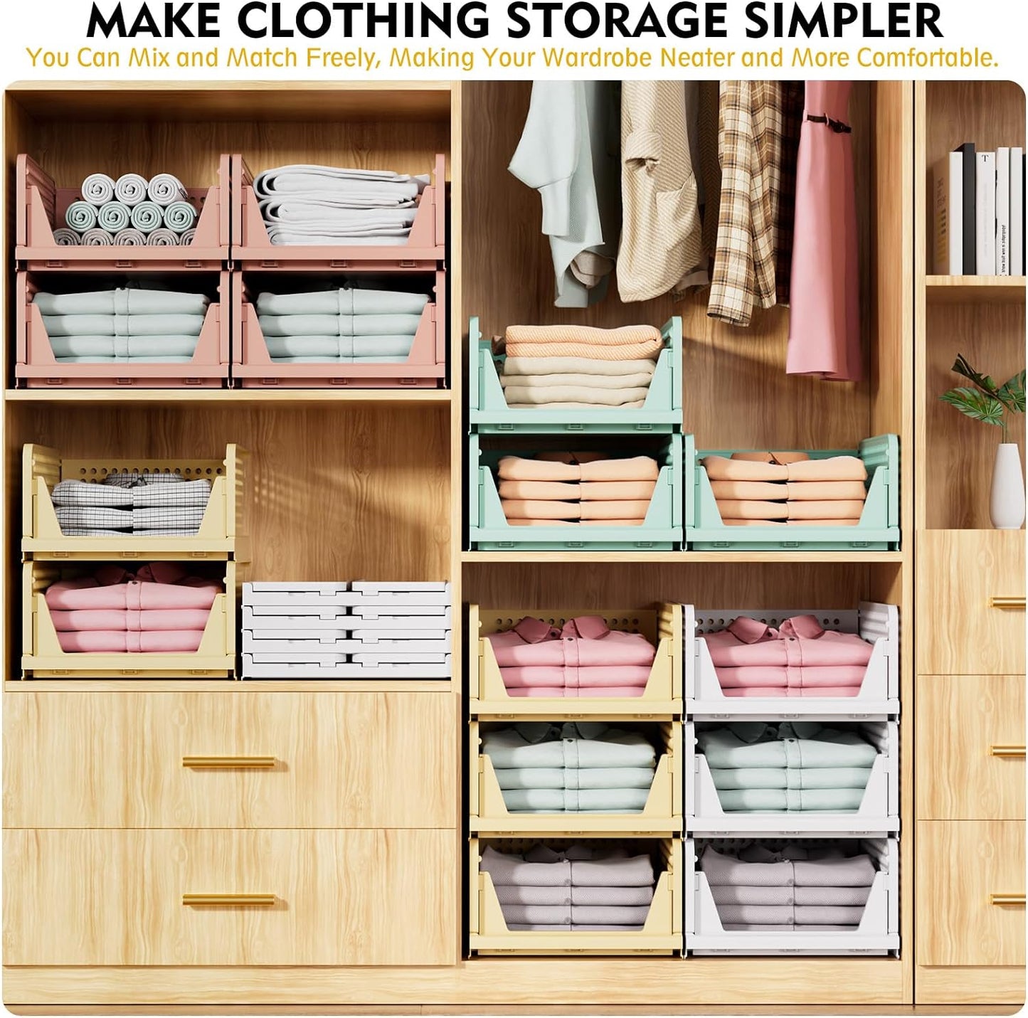 SNSLXH Stackable Closet Storage Baskets - Multifunctional & Foldable Organizer for Bathroom, Kitchen, Laundry | White, 5 Pack