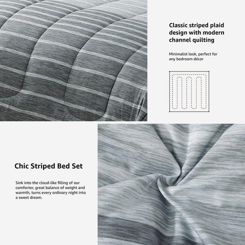 Monbix Queen Comforter Set - 7 Pieces Bed in a Bag Queen, Grey-Stripe Bedding Sets, All Seasons Comforter Bed Set with Sheets, Pillowcases & Shams