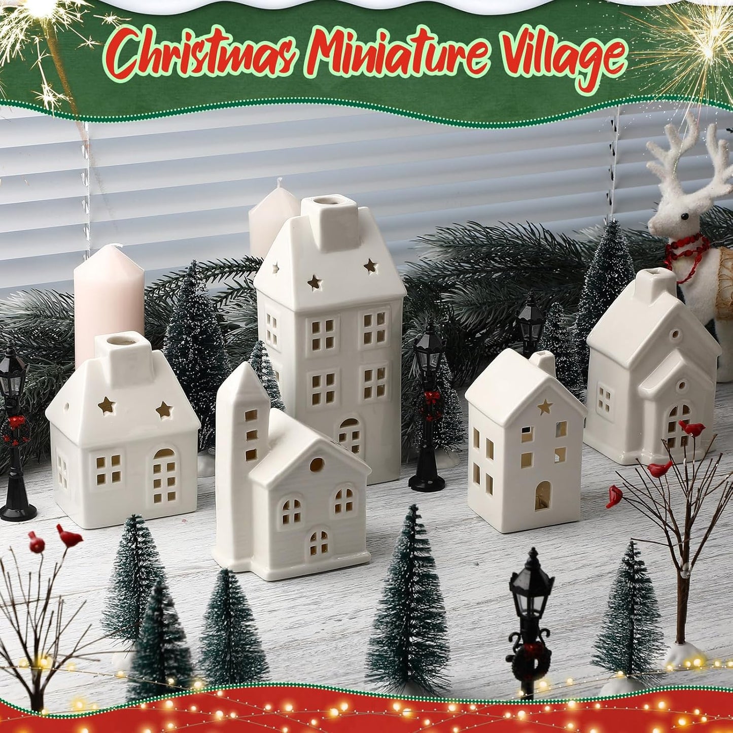 WinnerWhy 24-Piece LED Lighted Christmas Village Set - Mini Ceramic Houses & Streetlights for Festive Decor