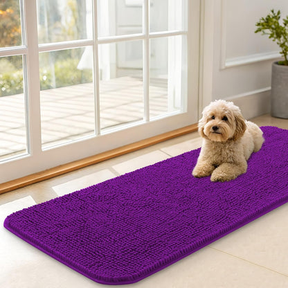 OLANLY Dog Door Mat - Absorbent Non-Slip Washable Chenille Mat for Muddy Paws | 47x17, Purple