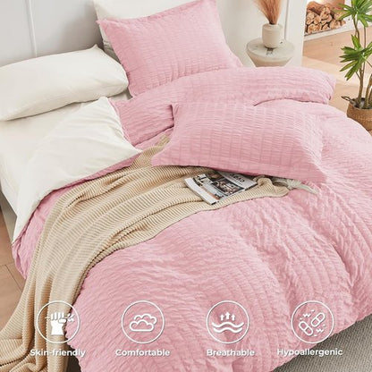 HYMOKEGE Queen Comforter Set - Luxurious 7-Piece Seersucker Bedding in Pink/Ivory for All Seasons