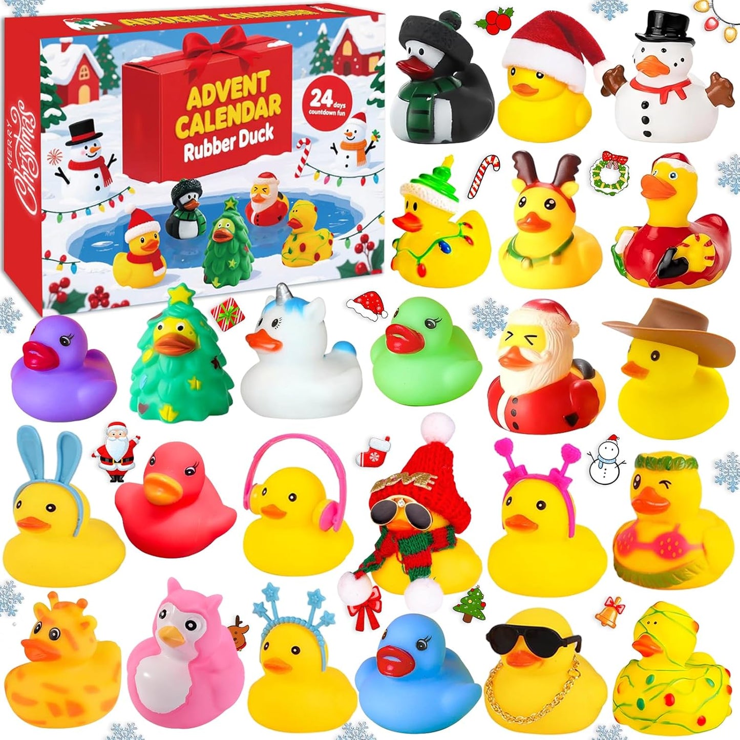 Skiennix 24 Pcs Christmas Rubber Ducks - Fidget Toys for Advent Countdown & Stocking Stuffers