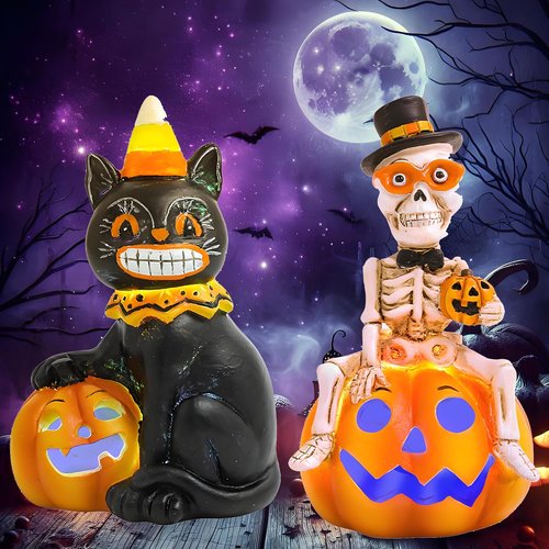 GoGnome Vintage Halloween Decorations - 2-Pack Resin Skeleton & Black Cat Figurines with Pumpkin Lights | 4.7'' Table Decor