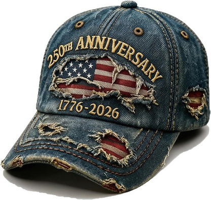 250th Anniversary USA Hat - Ripped Denim Baseball Cap for Men & Women | Celebrate America's Milestone