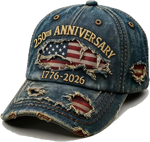 250th Anniversary USA Hat - Ripped Denim Baseball Cap for Men & Women | Celebrate America's Milestone