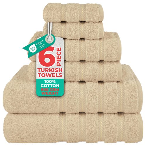 American Soft Linen Luxury 6 Piece Towel Set, 2 Bath Towels 2 Hand Towel 2 Washcloths, 600 GSM 100% Cotton Turkish Towels for Bathroom, Beige Towel Sets