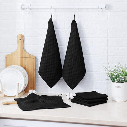 Skiennix 100% Cotton Waffle Weave Kitchen Towels - Ultra Soft & Absorbent, 6 Pack, 12x12 Inches | Black