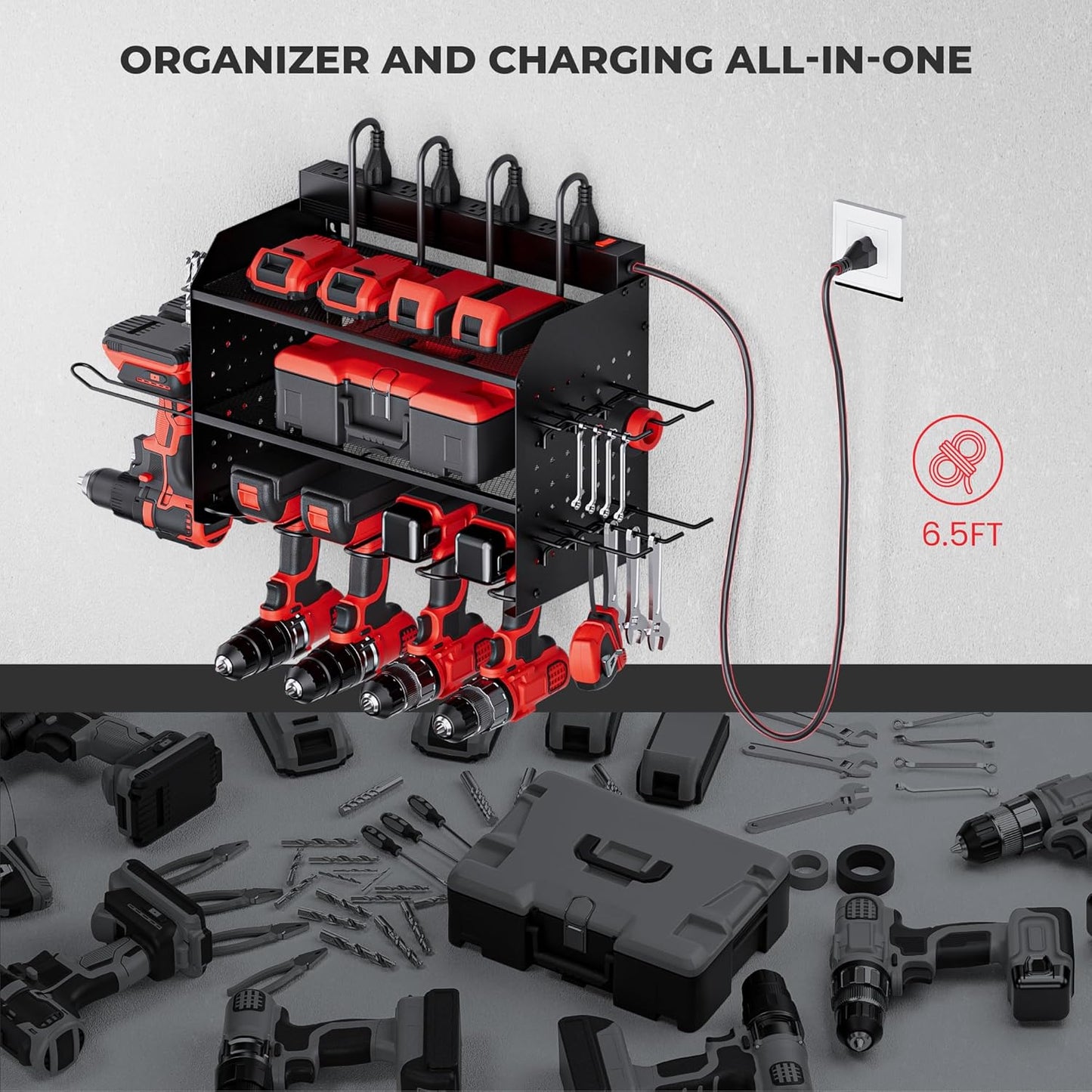 TRZZ Power Tool Organizer - 3-Layer Wall Mount Charging Station with 8 Outlets & 6 Drill Holders | Efficient Garage Storage (Black)