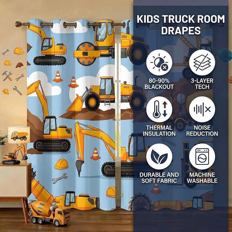 Cartoon Car 55x63 In. Kids Blackout Curtains for Boys Bedroom - 2 Panels, Truck Theme