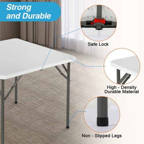 FDW 34" Folding Card Table Plastic, Portable Square Height, Perfect for Party and Parties Backyard Events, White