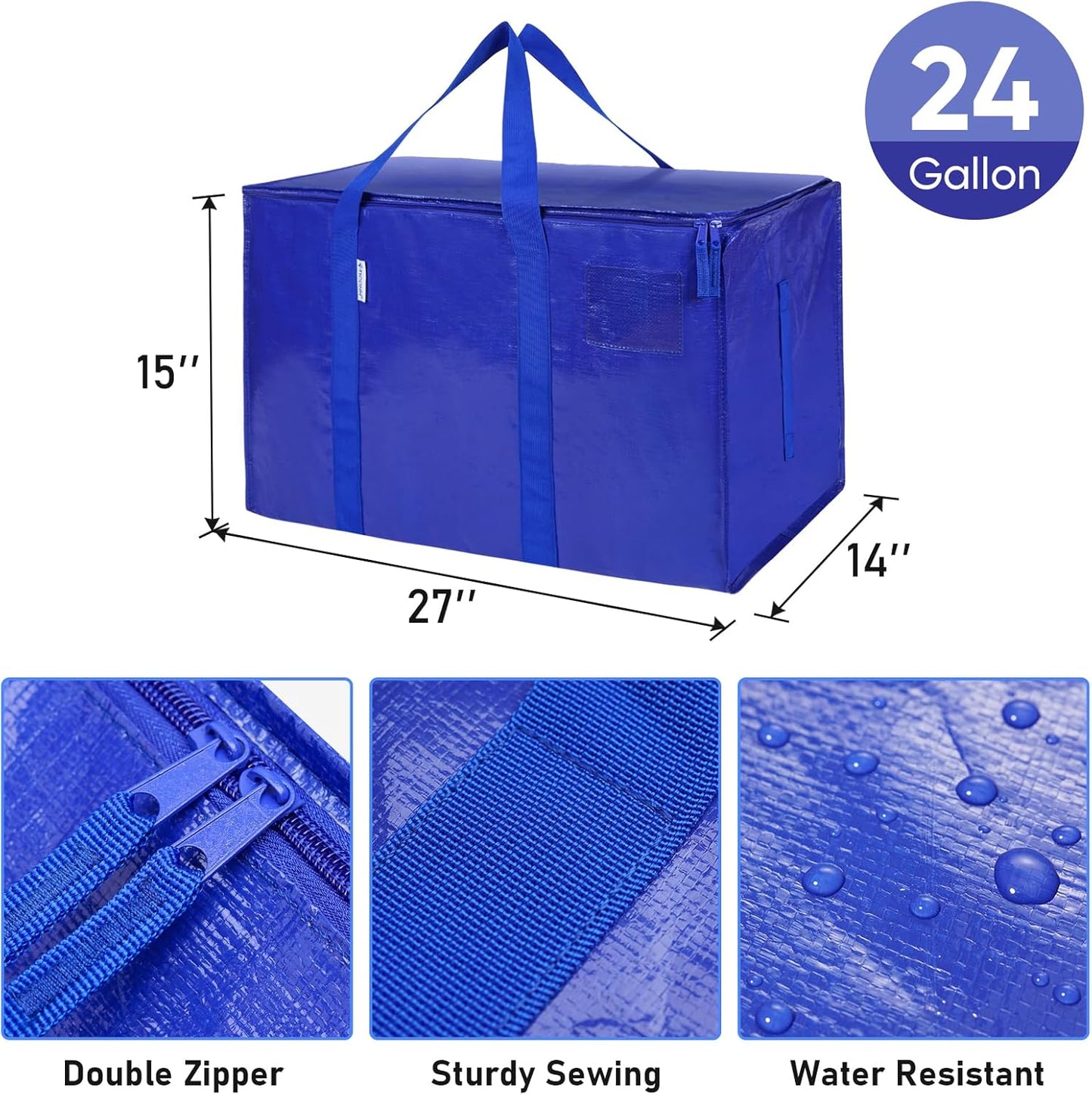 TICONN Extra Large Heavy-Duty Moving Bags - Durable Storage with Zippers & Handles | 4 Pack, Blue