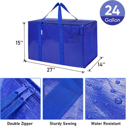 TICONN Extra Large Heavy-Duty Moving Bags - Durable Storage with Zippers & Handles | 4 Pack, Blue
