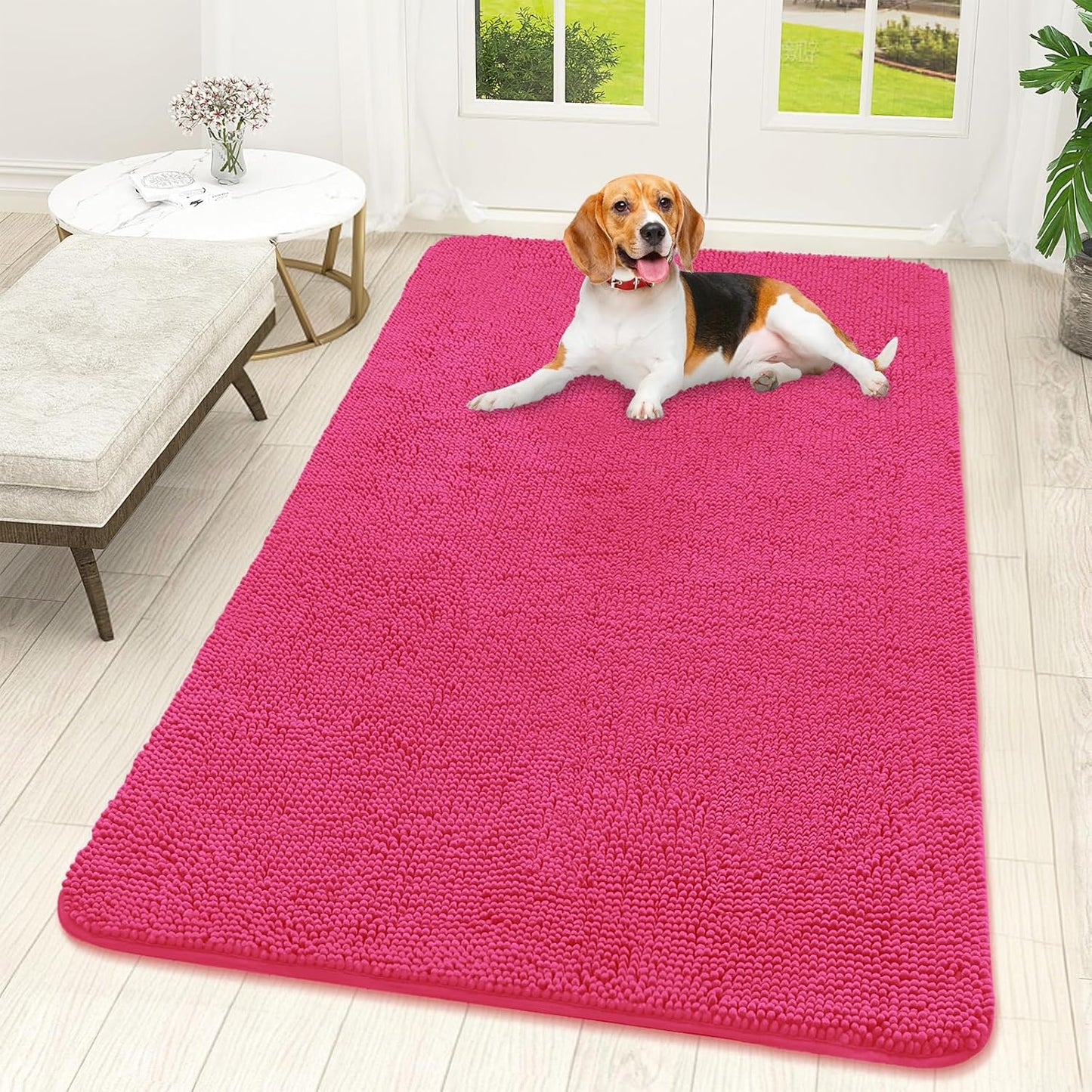 OLANLY Dog Door Mat - Absorbent Non-Slip Chenille for Muddy Paws | Quick Dry Indoor Entryway Carpet 59x32, Hot Pink