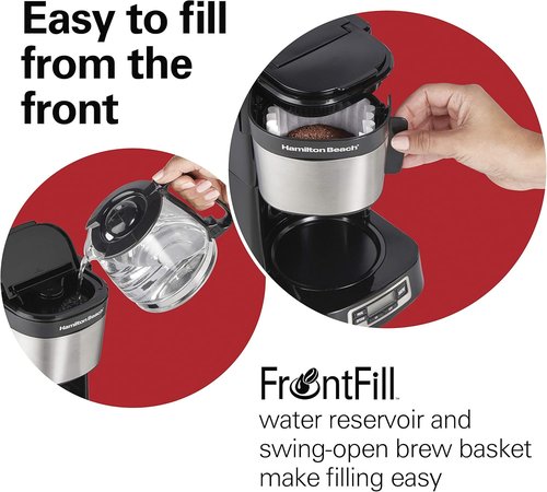 Hamilton Beach 5 Cup Drip Coffee Maker - Compact Design, Programmable Clock, Auto Pause & Pour, Black & Stainless Steel
