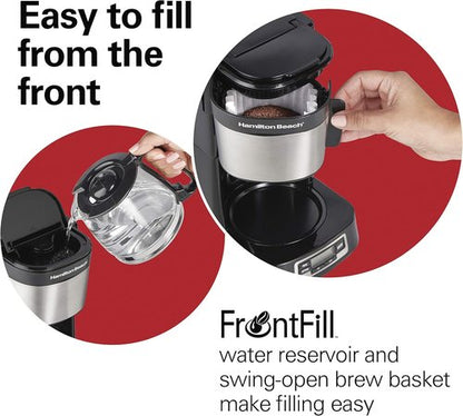 Hamilton Beach 5 Cup Drip Coffee Maker - Compact Design, Programmable Clock, Auto Pause & Pour, Black & Stainless Steel