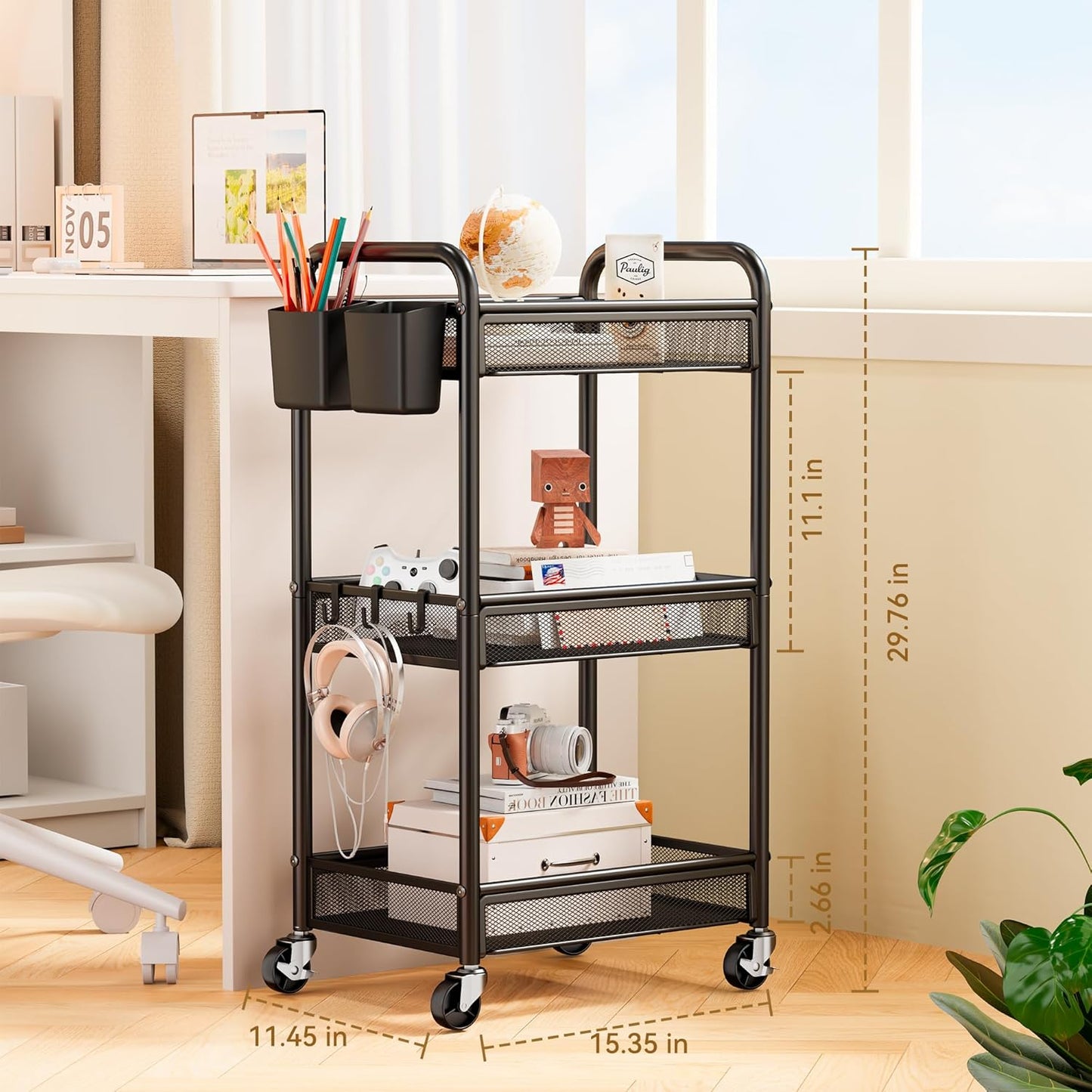 YASONIC 3-Tier Rolling Cart - Metal Utility Storage with Wheels, Hooks & Mesh Basket - Black