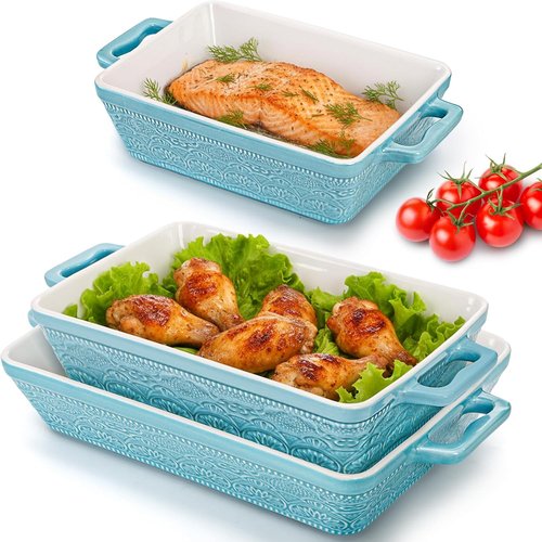 Hacaroa Ceramic Baking Dishes Set - Elegant Rectangular Bakeware with Handles | Lake Blue, 3 Sizes
