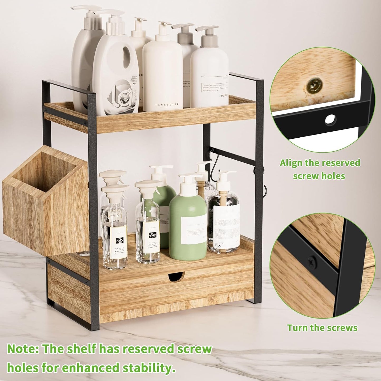 Skiennix 2-Tier Bathroom Counter Organizer - Wood Vanity Storage with Drawer & Basket