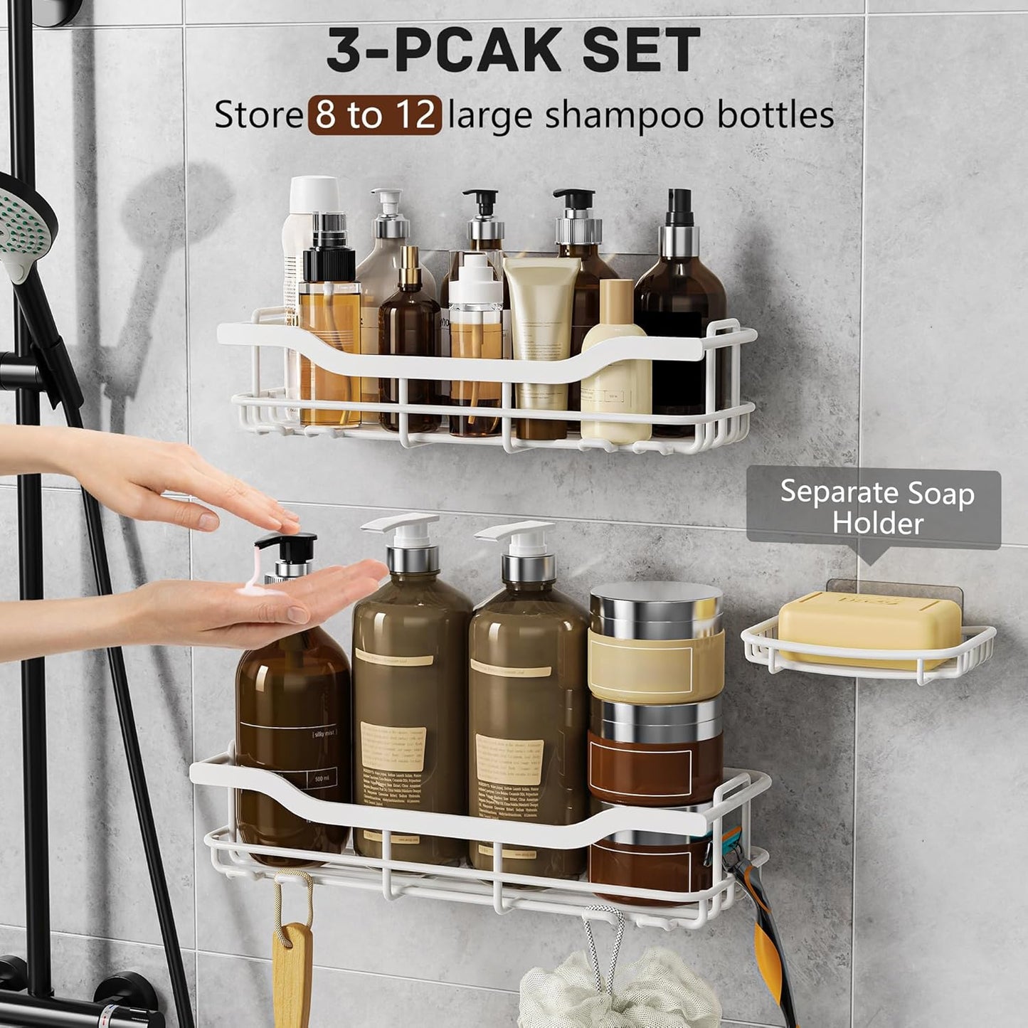 OMAIRA Shower Caddy - 3-Pack Adhesive Organizer with Soap Holder for Smooth Walls & Glass Tiles, White
